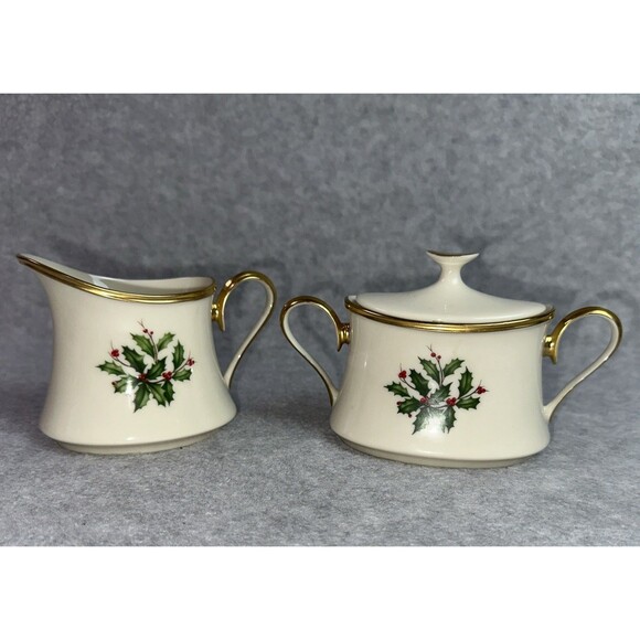 Lenox Other - Vintage Lenox Holiday Dimensions Christmas creamer & sugar set Holly Berry Gold